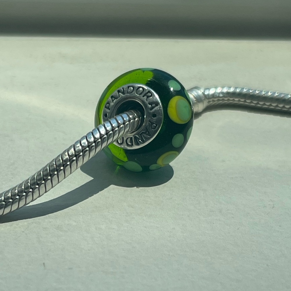 Retired Pandora Murano Glass Charm - Green Dots 790696